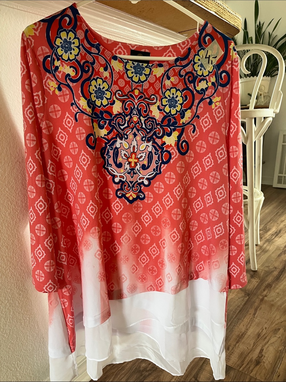 JM Collection Coral Tunic with Navy & Yellow Floral Yoke